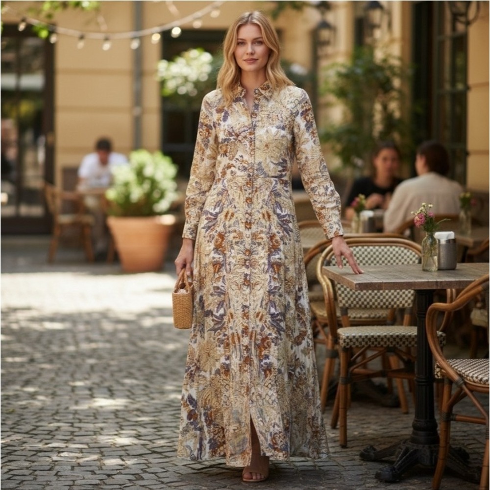 Soft Surroundings Metallic Print Maxi Shirt Dress Womens PS Gold Artisanal Boho